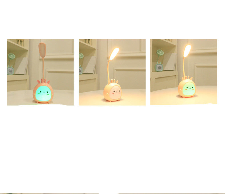 Cute cartoon desk lamp with glowing face and flexible LED light on a table, FashionRay style