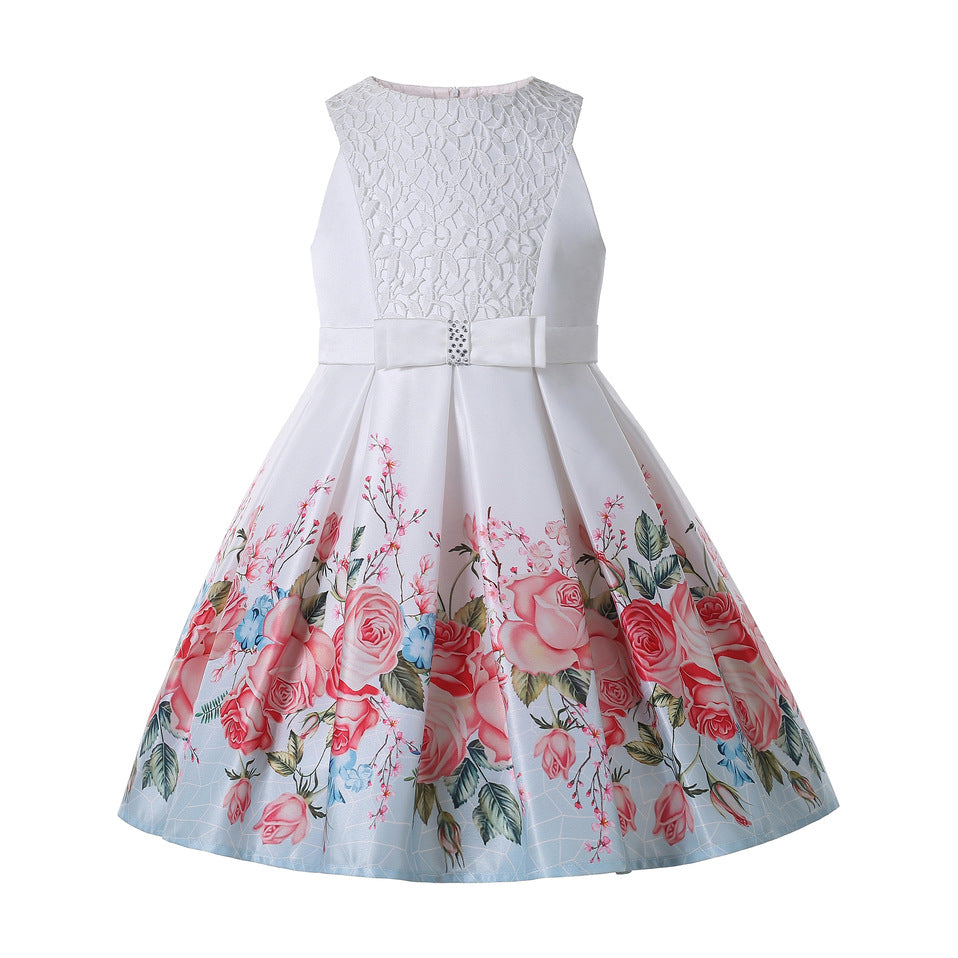 White sleeveless floral dress with lace bodice and pink roses, FashionRay trendy kids clothing