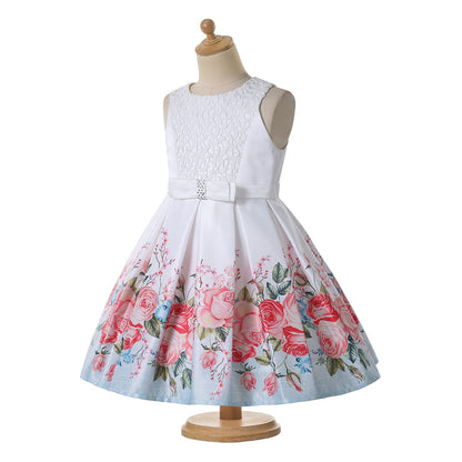 White sleeveless floral dress for girls with pink rose print, bow detail, FashionRay style