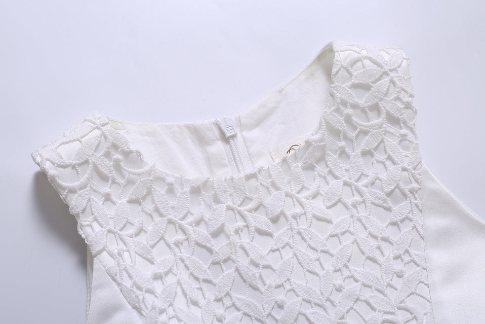 White lace sleeveless dress close-up, floral textured pattern, FashionRay trendy style