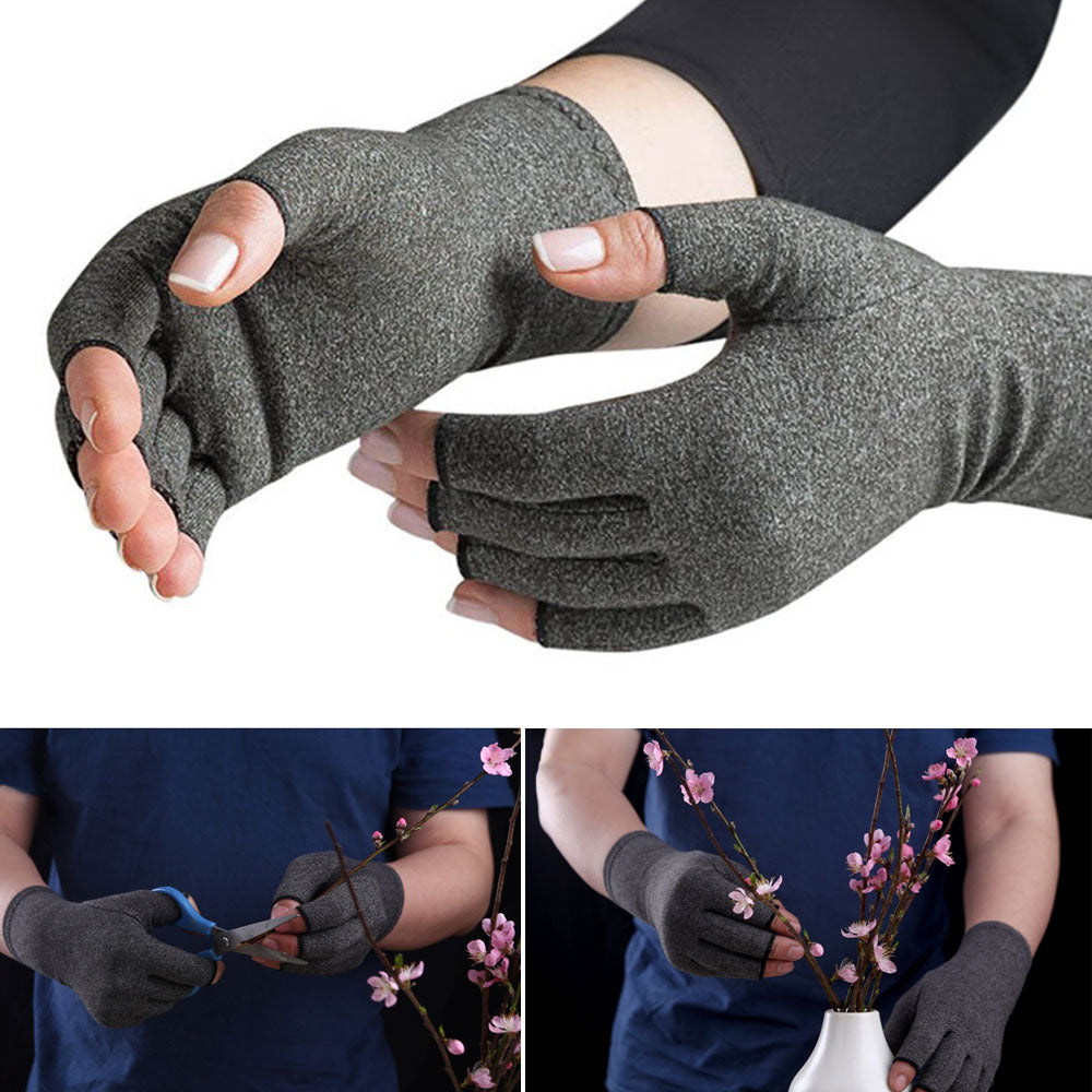 Gray fingerless compression gloves for arthritis, shown on hands and used for gardening, FashionRay