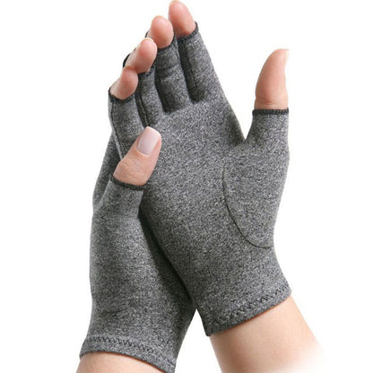Gray fingerless gloves on hands, soft fabric, stylish comfort from FashionRay