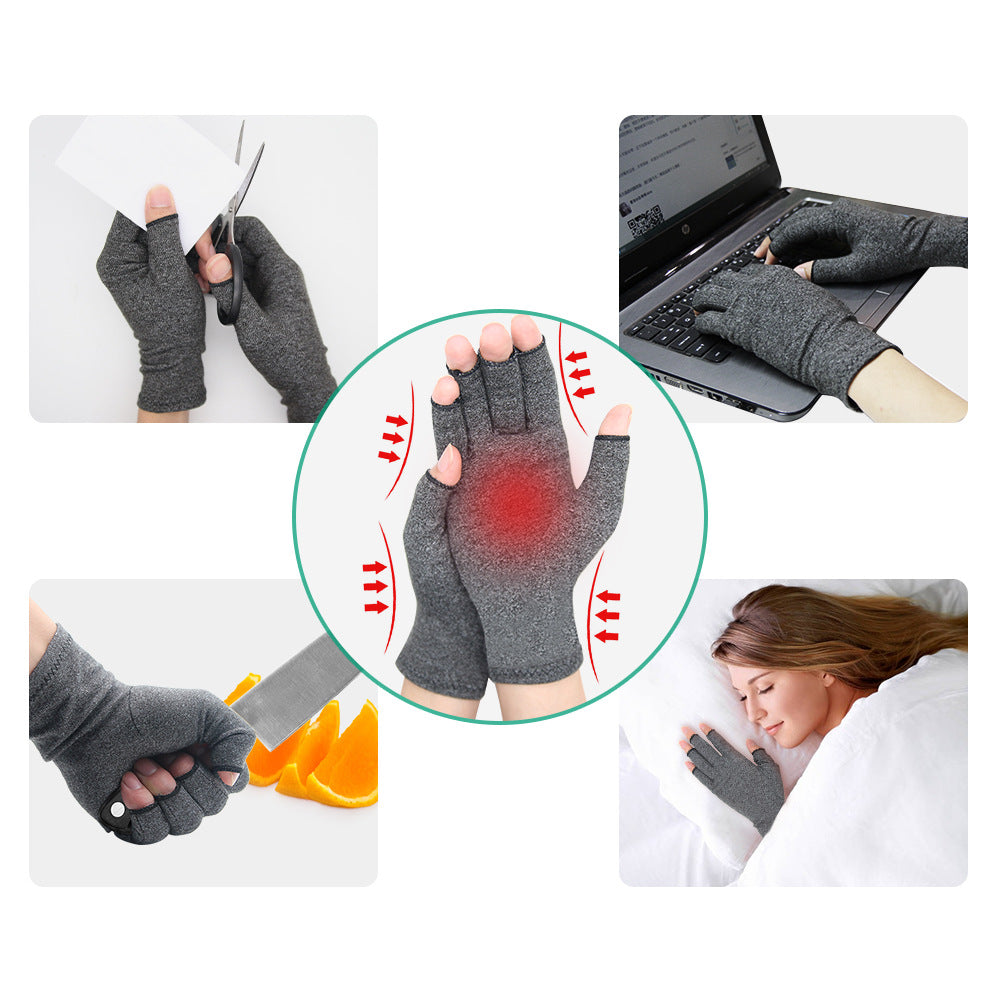 Gray compression gloves for hand pain relief, shown in daily use and sleep, FashionRay