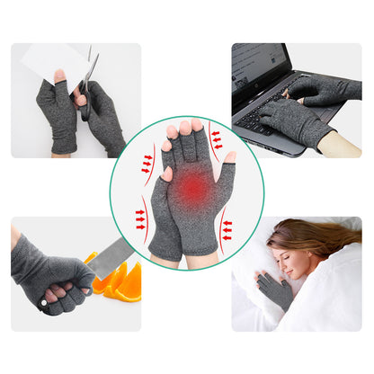 Gray compression gloves for hand pain relief, shown in daily use and sleep, FashionRay