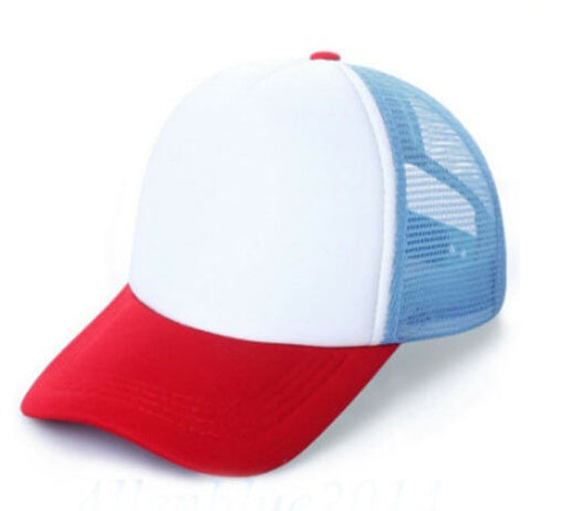 Red and white cap with blue mesh back, trendy accessory at FashionRay
