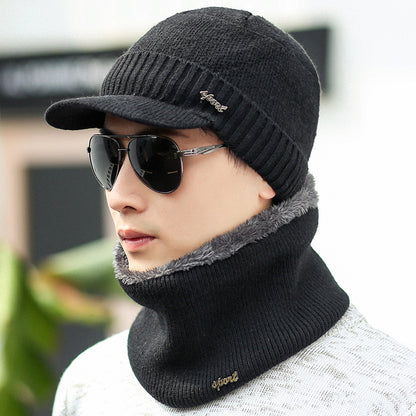 FashionRay man in black knit hat and matching neck warmer, wearing sunglasses, winter style
