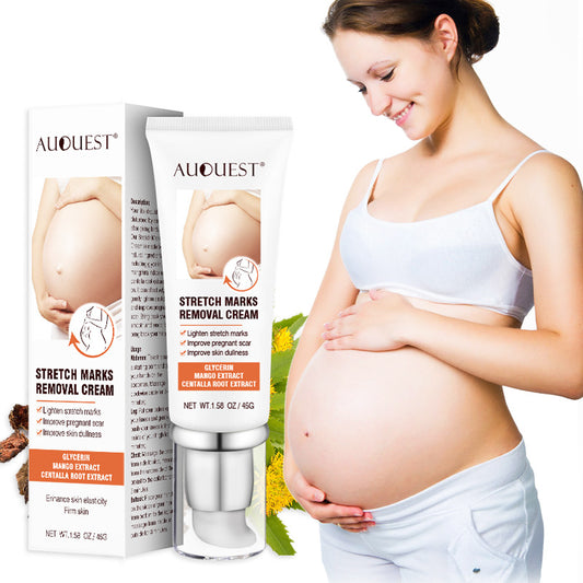 Pregnant woman smiling with Auquest stretch marks removal cream, FashionRay skincare product