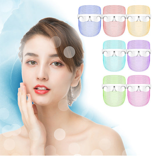 Woman with clean skin next to colorful fashion LED face shields, FashionRay beauty style