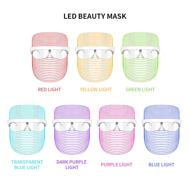 LED beauty masks in six colors for skincare, labeled red, yellow, green, blue, and purple.