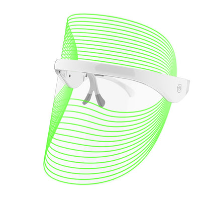 White LED face shield mask with green light therapy lines, modern skincare device