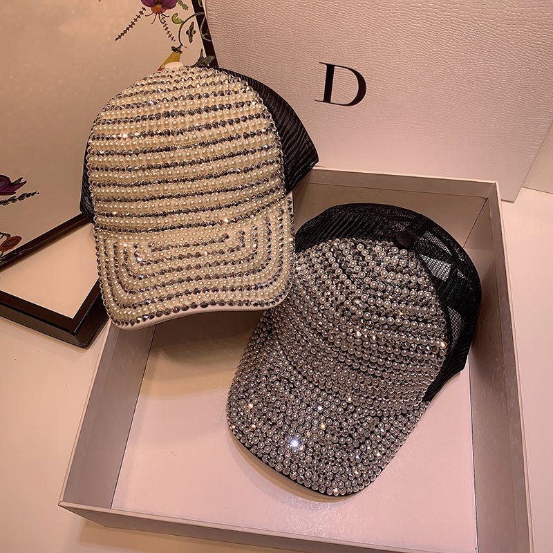 Two sparkling rhinestone-studded mesh trucker caps in a box, FashionRay trendy accessories