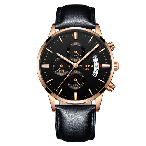Men's NIBOSI black and gold analog watch with leather strap and multiple subdials.