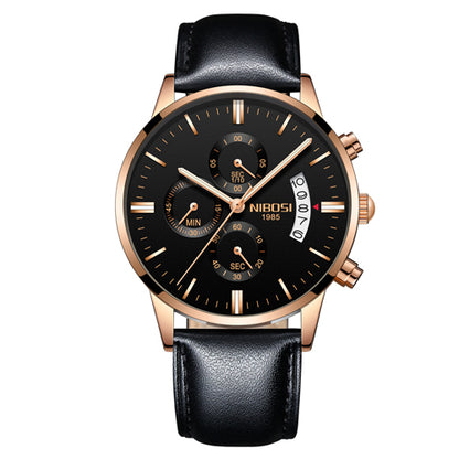 Men's NIBOSI black and gold analog watch with leather strap and multiple subdials.