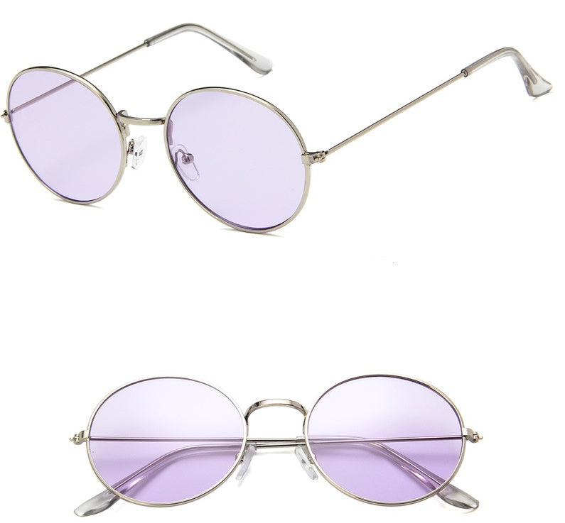 Round silver frame sunglasses with light purple lenses, stylish eyewear at FashionRay