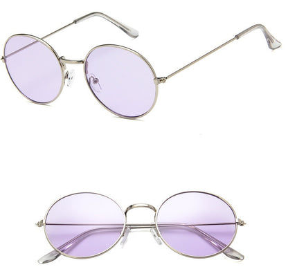 Round silver frame sunglasses with light purple lenses, stylish eyewear at FashionRay