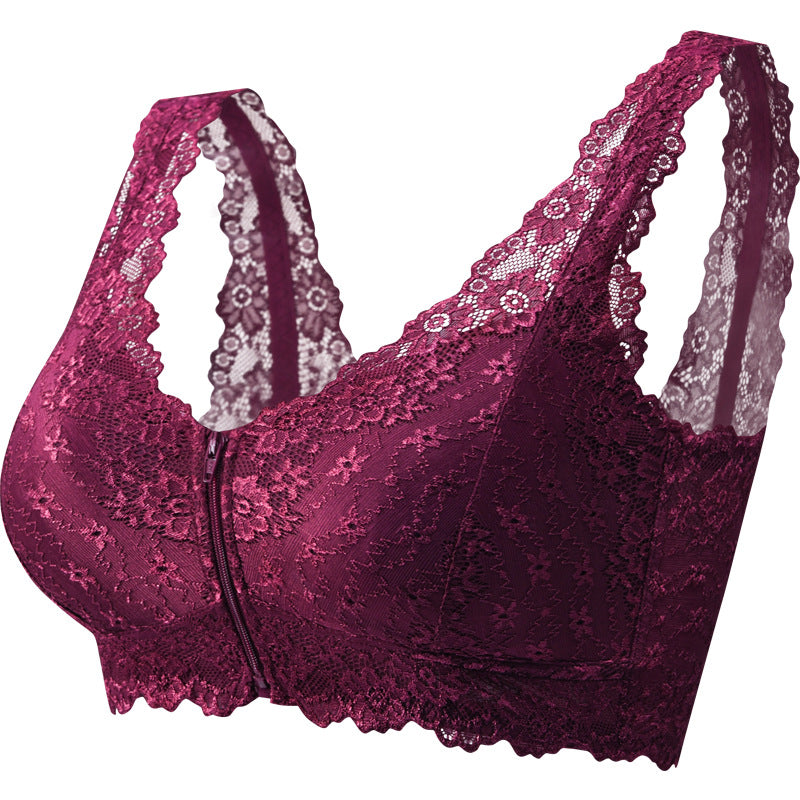 Wine red lace bralette with floral patterns, wide straps, and front zipper, FashionRay lingerie