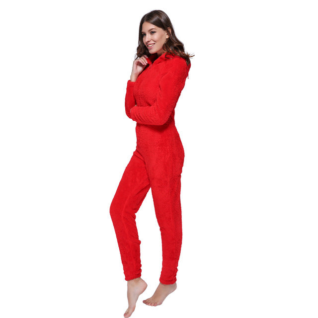 Woman wearing a cozy red fleece jumpsuit, FashionRay trendy and comfortable loungewear