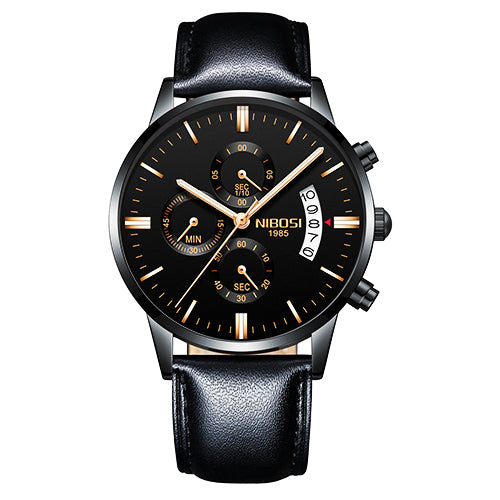 Black NIBOSI 1985 men's chronograph watch with gold details and leather strap, FashionRay