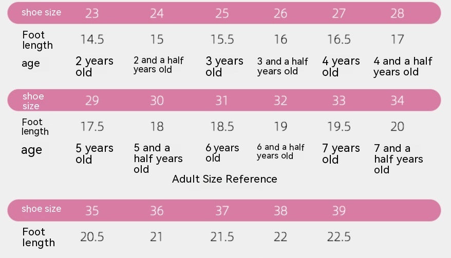FashionRay kids to adult shoe size chart with foot length and age references on a pink background.