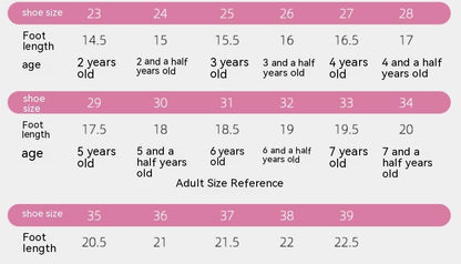 FashionRay kids to adult shoe size chart with foot length and age references on a pink background.