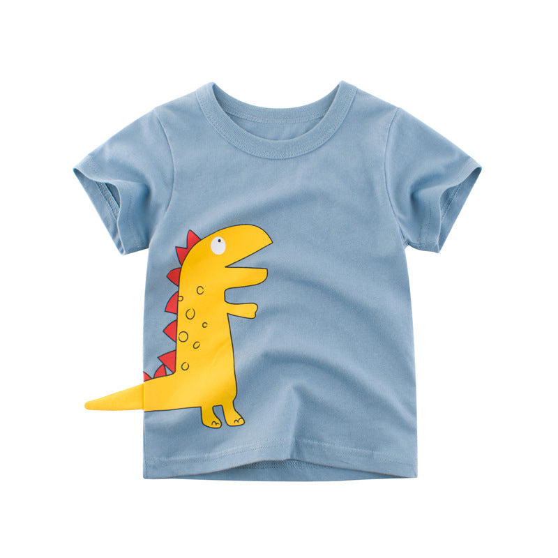 Blue kids' T-shirt with a yellow dinosaur print from FashionRay, playful trendy design.