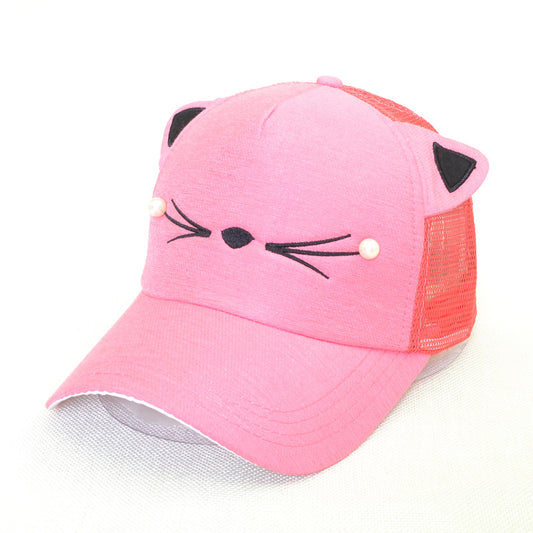 Cute pink cat ear cap with mesh back, whisker design, and pearl accents from FashionRay