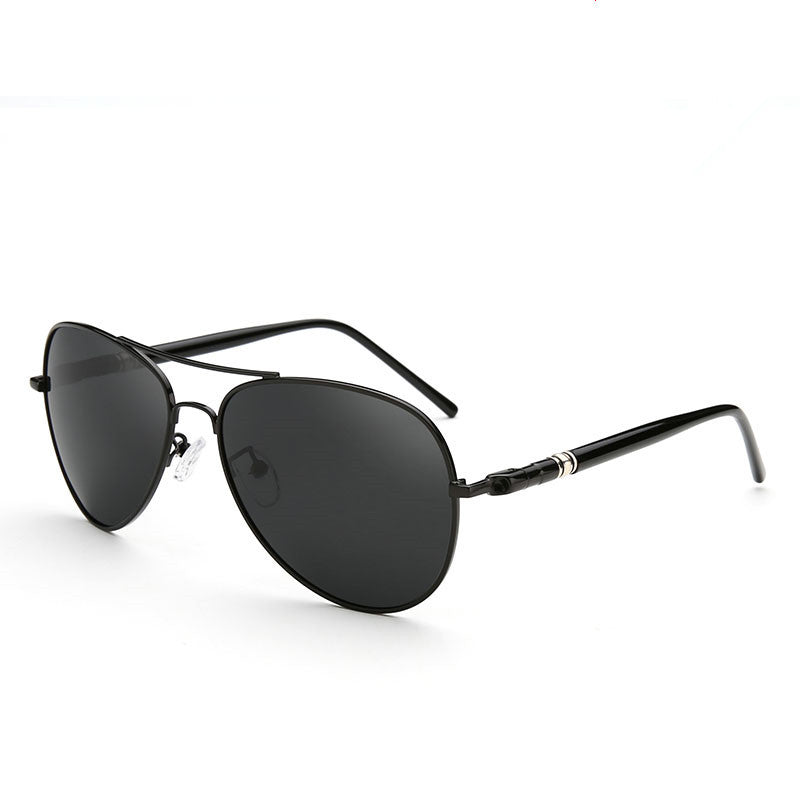 Black aviator sunglasses with dark lenses on white background, FashionRay trendy eyewear