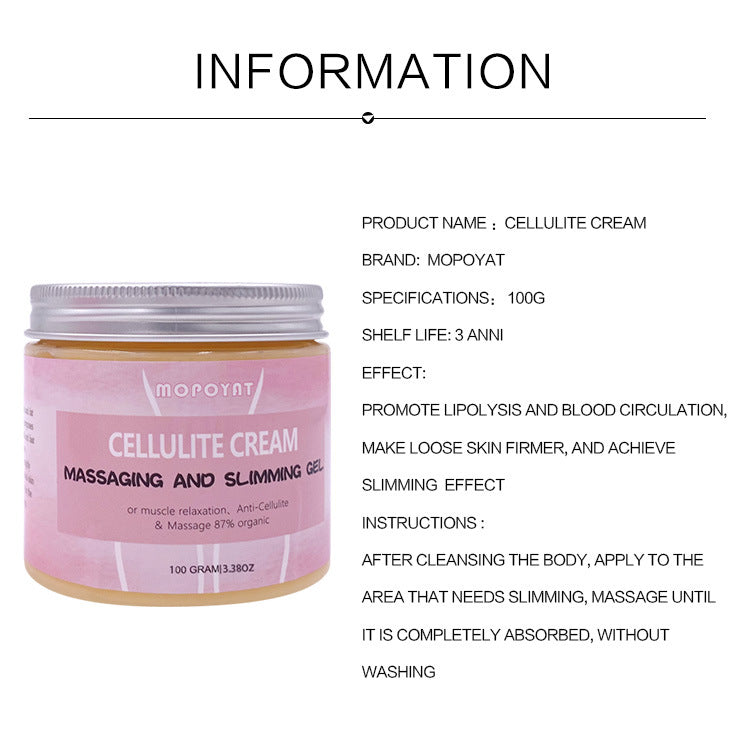 Mopoyat Cellulite Cream massaging and slimming gel jar with product information, FashionRay