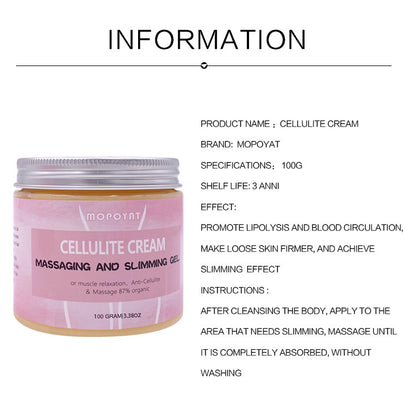 Mopoyat Cellulite Cream massaging and slimming gel jar with product information, FashionRay