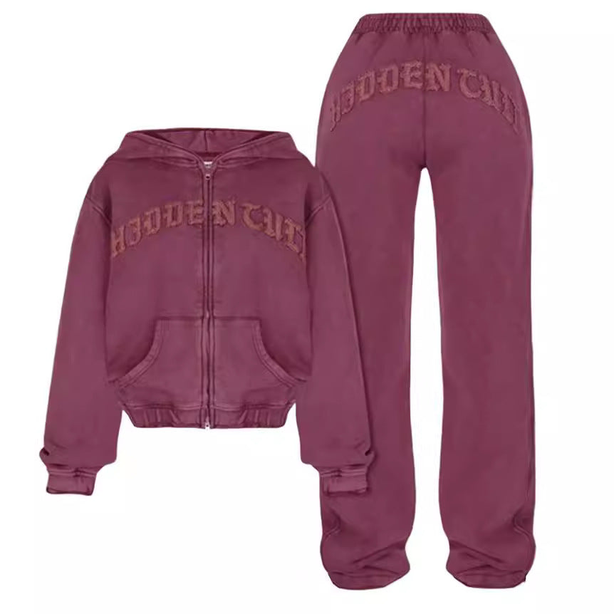 Maroon zip-up hoodie and sweatpants set with 'Hidden Club' text, trendy lounge fashion