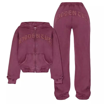 Maroon zip-up hoodie and sweatpants set with 'Hidden Club' text, trendy lounge fashion