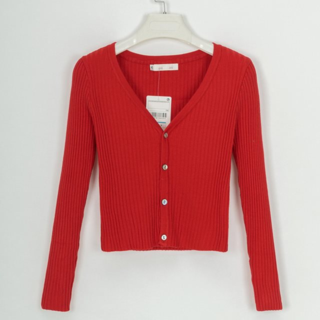 Red ribbed button-up cardigan with V-neck and long sleeves, FashionRay trendy style