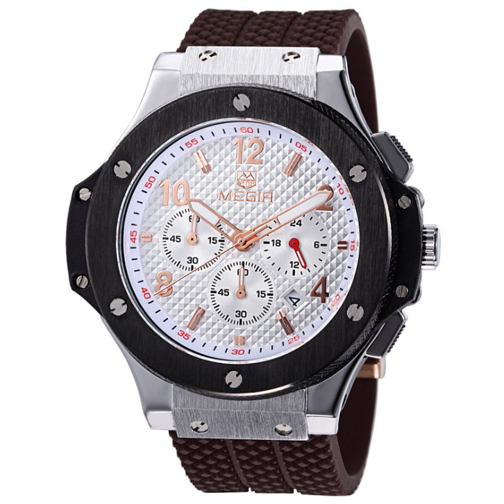 Men's MEGIR chronograph wristwatch with brown textured band and silver-black bezel, FashionRay