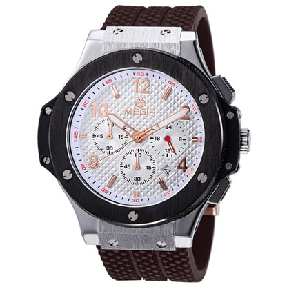 Men's MEGIR chronograph wristwatch with brown textured band and silver-black bezel, FashionRay