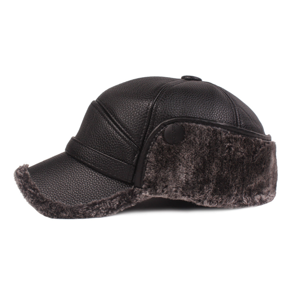 Black faux leather winter cap with fur trim ear flaps, FashionRay trendy cold weather hat