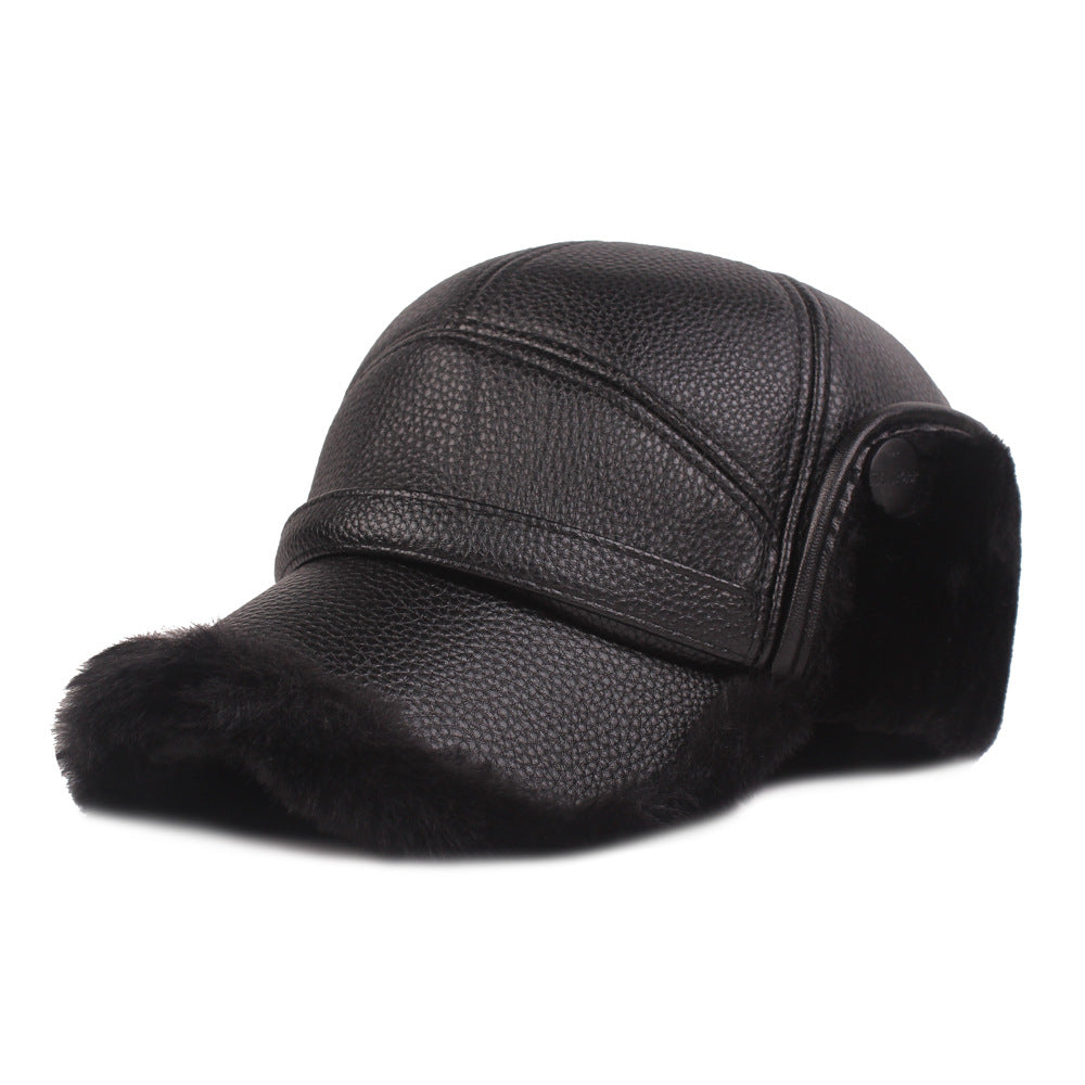 Black faux leather winter hat with faux fur lining, ear flaps, and curved brim from FashionRay