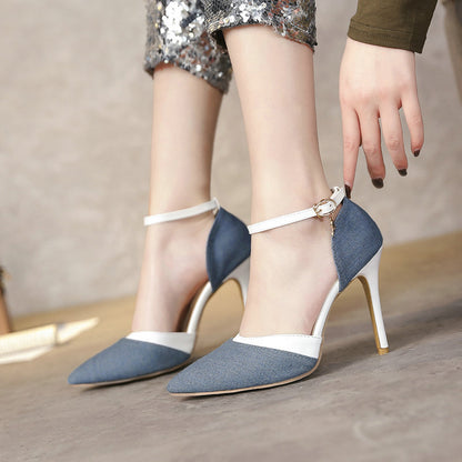 FashionRay stylish blue and white high heel shoes with ankle strap, worn with sequin pants