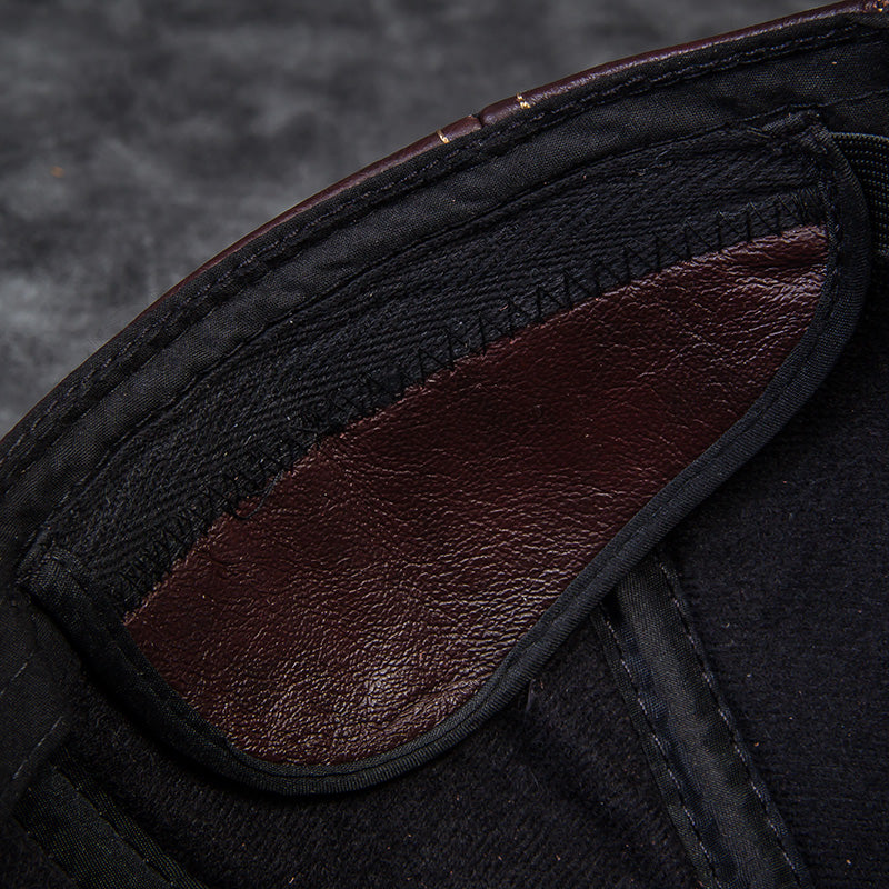 Close-up of FashionRay hat interior with black fabric and brown leather sweatband