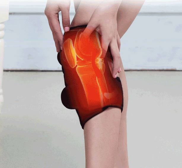 Person wearing a knee support brace with glowing joint graphic, highlighting comfort and support.