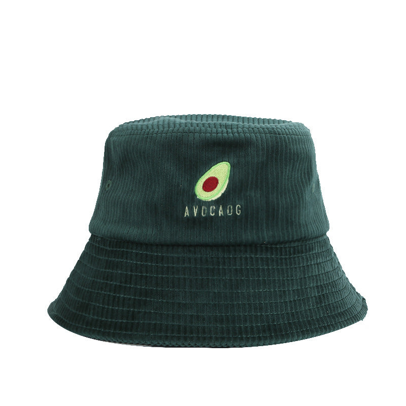 Dark green corduroy bucket hat with avocado embroidery, trendy fashion at FashionRay