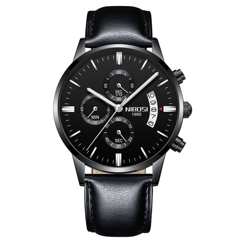 Men's black NIBOSI chronograph watch with leather band, modern dial, FashionRay accessory