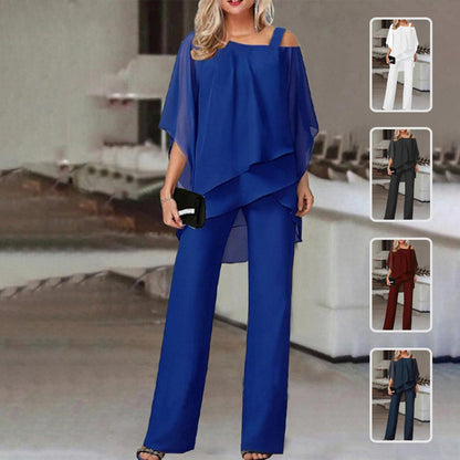 Woman wearing blue off-shoulder chiffon pantsuit, with color options, FashionRay trendy fashion
