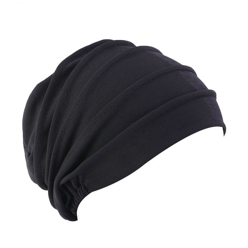 Black ruched cotton turban hat for women, comfortable and stylish headwear from FashionRay.