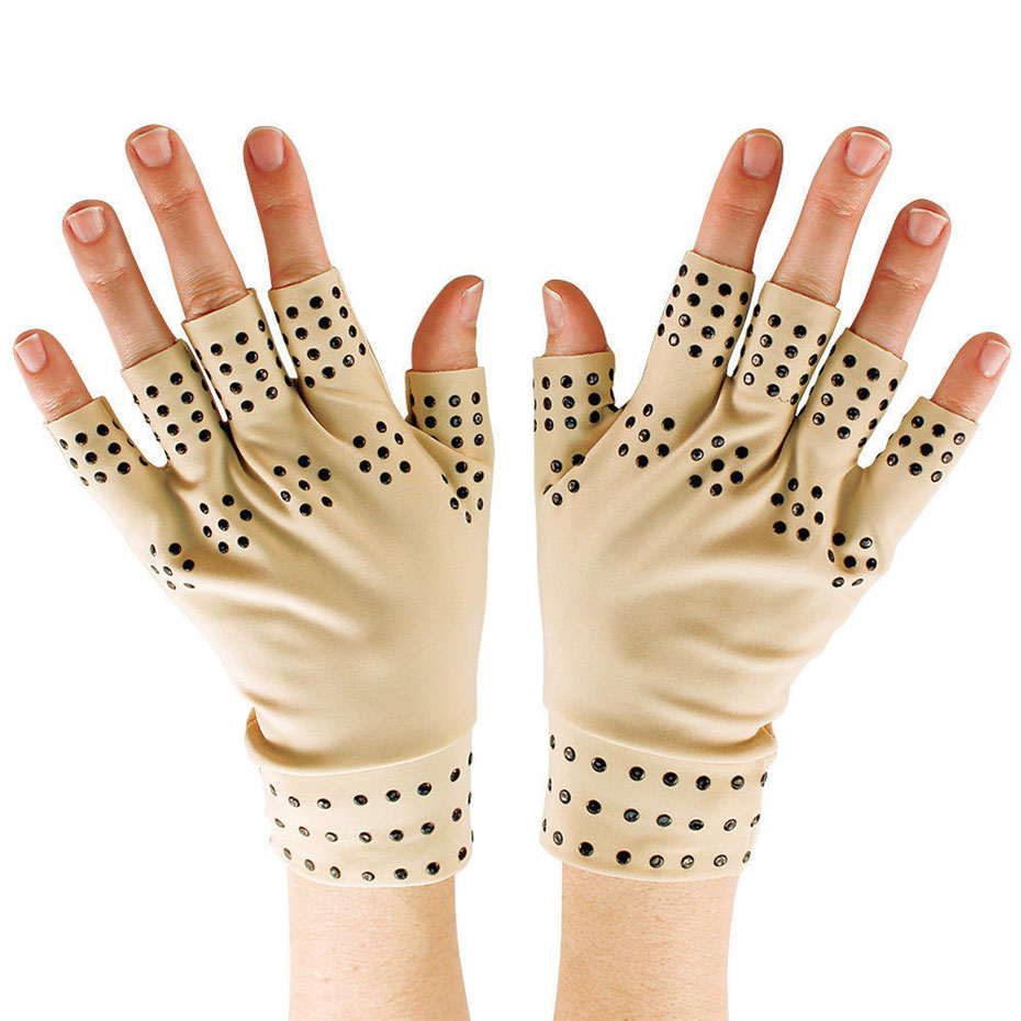 Beige fingerless gloves with black dotted design, trendy fashion accessory from FashionRay