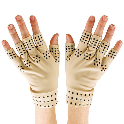 Beige fingerless gloves with black dotted design, trendy fashion accessory from FashionRay