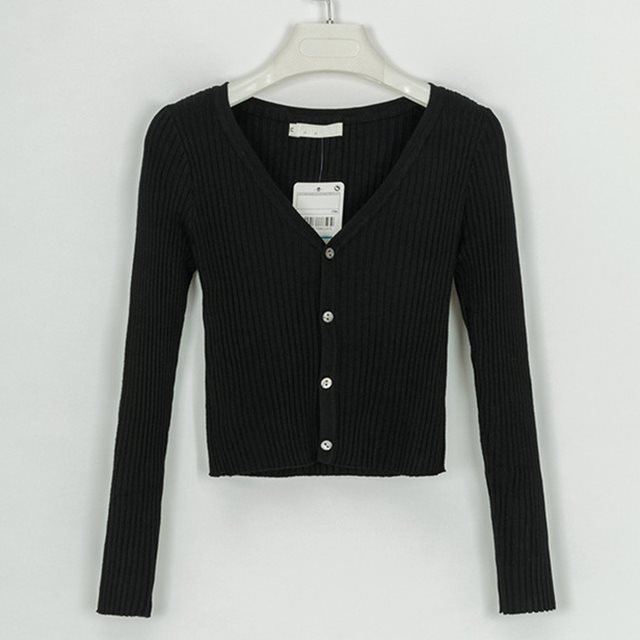 Black ribbed knit button-up cardigan with long sleeves on hanger, FashionRay style