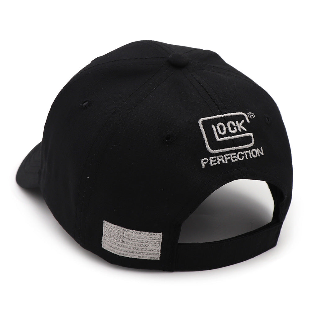Black baseball cap with white embroidery, LOCK logo and PERFECTION text, FashionRay accessory