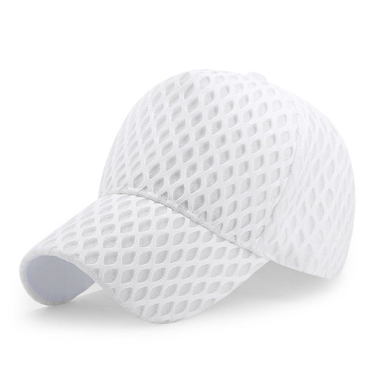 White mesh baseball cap with textured diamond pattern, trendy comfort fashion by FashionRay.