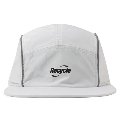 White recycle print cap with black logo, eco-friendly streetwear at FashionRay