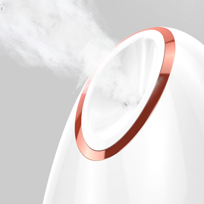 Modern white facial steamer with rose gold trim releasing steam, FashionRay wellness tool
